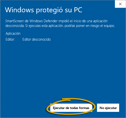 Botón Ejecutar de todas formas para instalar Ascenso PNP Windows